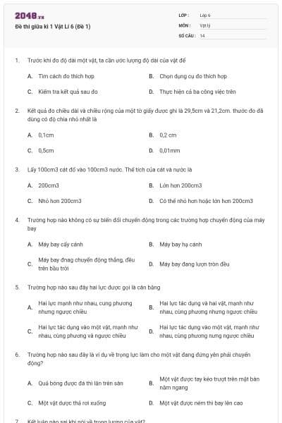Đề thi giữa kì 1 Vật Lí 6 (Đề 1)