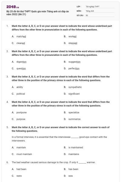 Bộ 25 đề thi thử THPT Quốc gia môn Tiếng anh có đáp án năm 2022 (Đề 21)