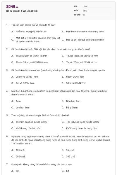 Đề thi giữa kì 1 Vật Lí 6 (Đề 3)