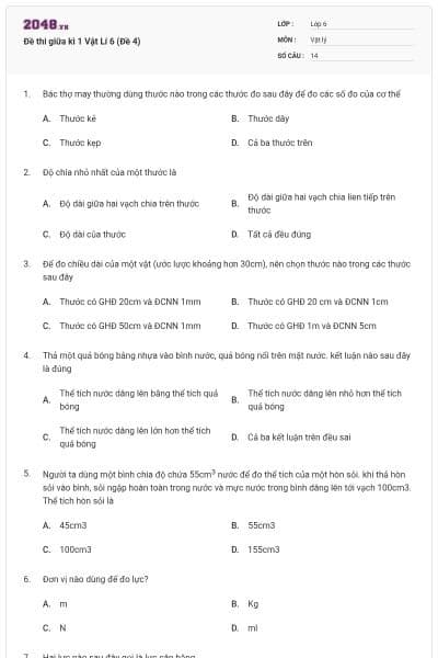 Đề thi giữa kì 1 Vật Lí 6 (Đề 4)