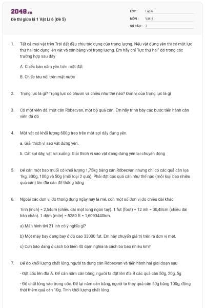 Đề thi giữa kì 1 Vật Lí 6 (Đề 5)