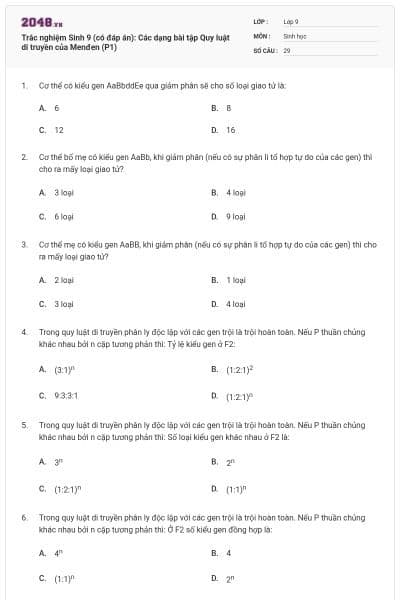 Trắc nghiệm Sinh 9 (có đáp án): Các dạng bài tập Quy luật di truyền của Menđen (P1)