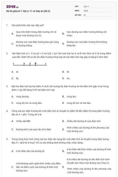Đề thi giữa kì 1 Vật Lí 11 có đáp án (Đề 2)