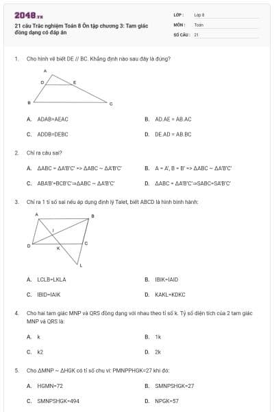 21 câu Trắc nghiệm Toán 8 Ôn tập chương 3: Tam giác đồng dạng có đáp án