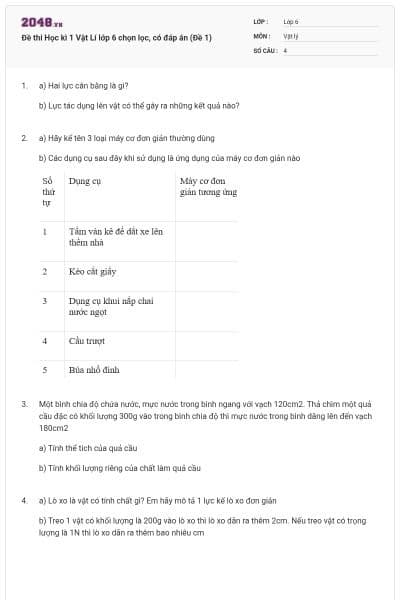 Đề thi Học kì 1 Vật Lí lớp 6 chọn lọc, có đáp án (Đề 1)