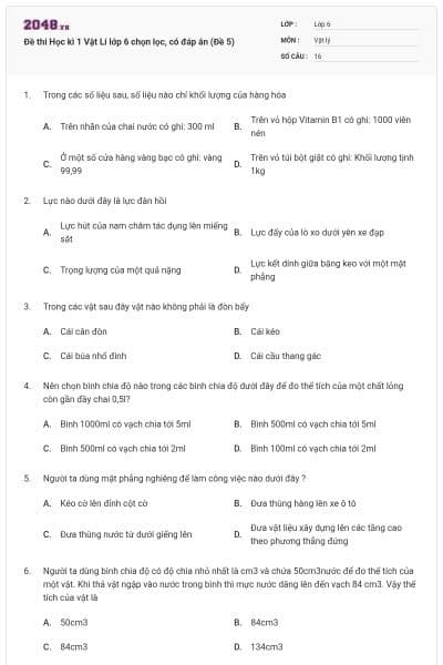 Đề thi Học kì 1 Vật Lí lớp 6 chọn lọc, có đáp án (Đề 5)