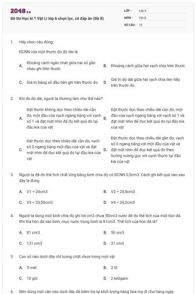 Đề thi Học kì 1 Vật Lí lớp 6 chọn lọc, có đáp án (Đề 8)