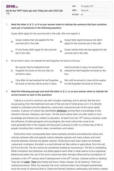 Đề thi thử THPT Quốc gia môn Tiếng anh năm 2022 (Đề 11)