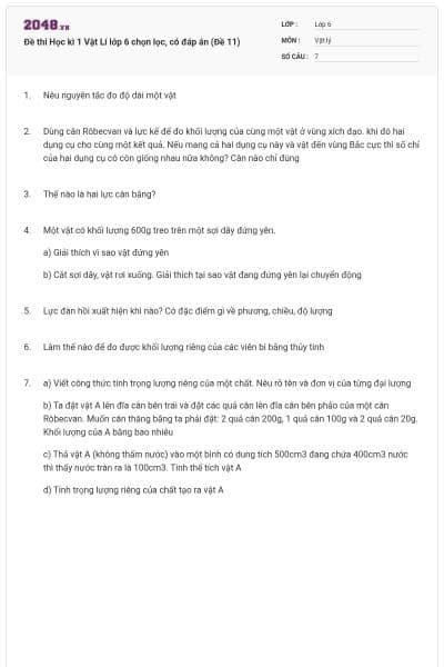 Đề thi Học kì 1 Vật Lí lớp 6 chọn lọc, có đáp án (Đề 11)
