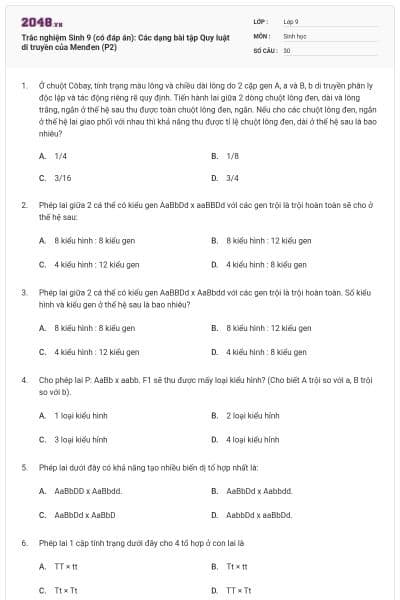 Trắc nghiệm Sinh 9 (có đáp án): Các dạng bài tập Quy luật di truyền của Menđen (P2)