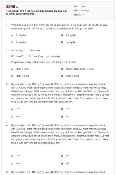Trắc nghiệm Sinh 9 (có đáp án): Các dạng bài tập Quy luật di truyền của Menđen (P3)
