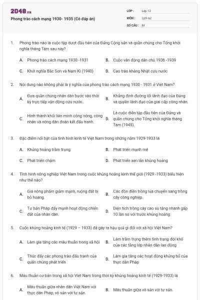 Phong trào cách mạng 1930- 1935 (Có đáp án)