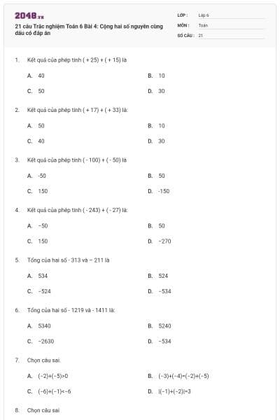 21 câu Trắc nghiệm Toán 6 Bài 4: Cộng hai số nguyên cùng dấu có đáp án