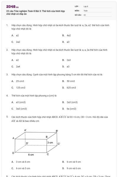 22 câu Trắc nghiệm Toán 8 Bài 3: Thể tích của hình hộp chữ nhật có đáp án