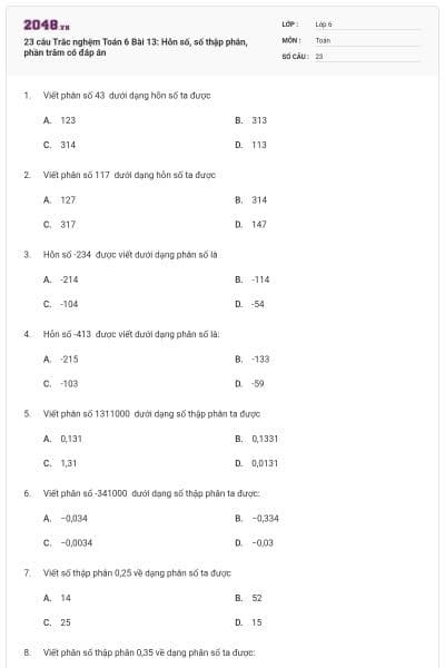 23 câu Trắc nghệm Toán 6 Bài 13: Hỗn số, số thập phân, phần trăm có đáp án
