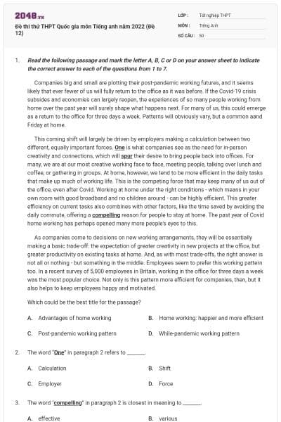 Đề thi thử THPT Quốc gia môn Tiếng anh năm 2022 (Đề 12)