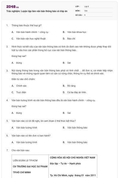 Trắc nghiệm: Luyện tập làm văn bản thông báo có đáp án