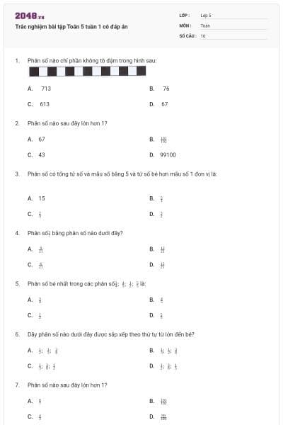 Trắc nghiệm bài tập Toán 5 tuần 1 có đáp án