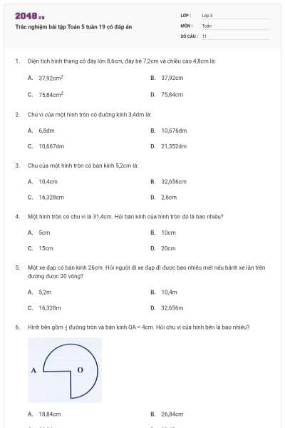 Trắc nghiệm bài tập Toán 5 tuần 19 có đáp án