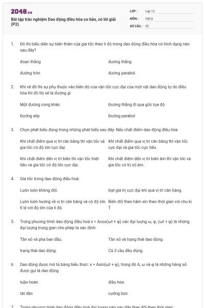 Bài tập trắc nghiệm Dao động điều hòa cơ bản, có lời giải (P2)