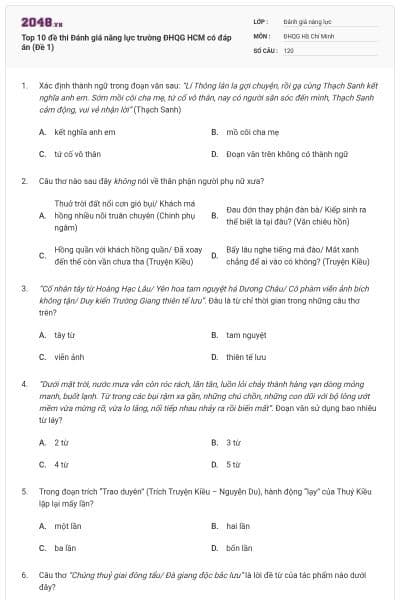 Top 10 đề thi Đánh giá năng lực trường ĐHQG HCM có đáp án (Đề 1)