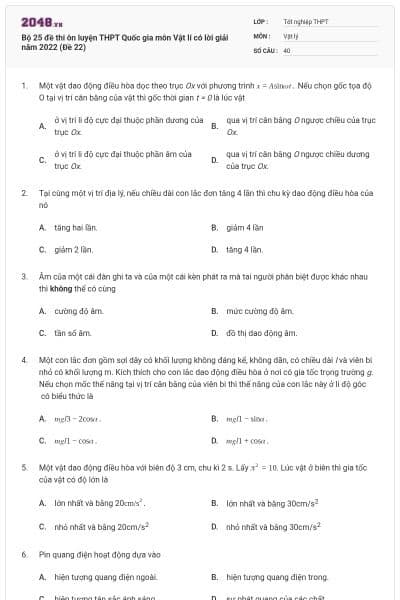 Bộ 25 đề thi ôn luyện THPT Quốc gia môn Vật lí có lời giải năm 2022 (Đề 22)