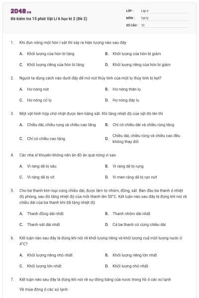 Đề kiểm tra 15 phút Vật Lí 6 học kì 2 (Đề 2)