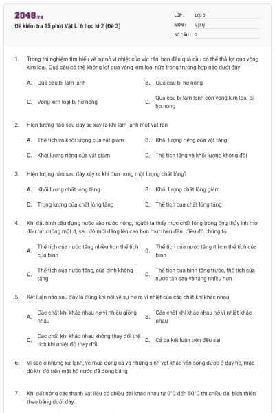 Đề kiểm tra 15 phút Vật Lí 6 học kì 2 (Đề 3)