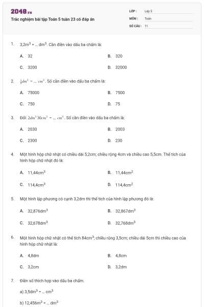 Trắc nghiệm bài tập Toán 5 tuần 23 có đáp án