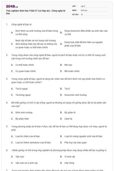 Trắc nghiệm Sinh Học 9 Bài 31 (có đáp án) : Công nghệ tế bào