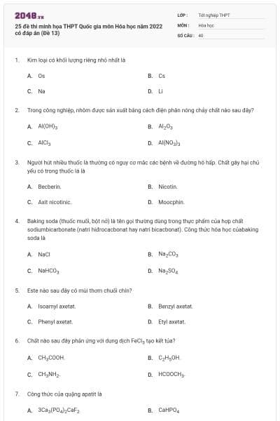 25 đề thi minh họa THPT Quốc gia môn Hóa học năm 2022 có đáp án (Đề 13)