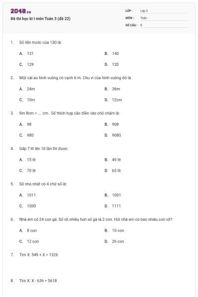 Đề thi học kì I môn Toán 3 (đề 22)
