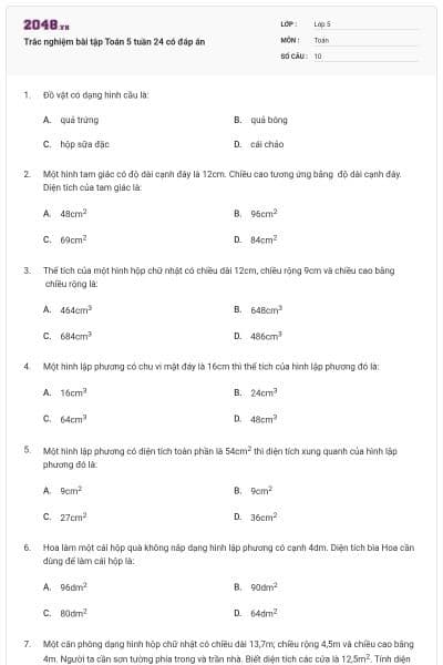 Trắc nghiệm bài tập Toán 5 tuần 24 có đáp án