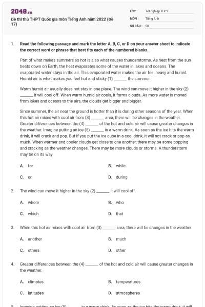Đề thi thử THPT Quốc gia môn Tiếng Anh năm 2022 (Đề 17)