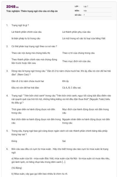 Trắc nghiệm: Thêm trạng ngữ cho câu có đáp án