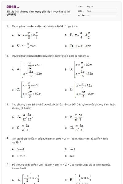 Bài tập Giải phương trình lượng giác lớp 11 cực hay có lời giải (P4)