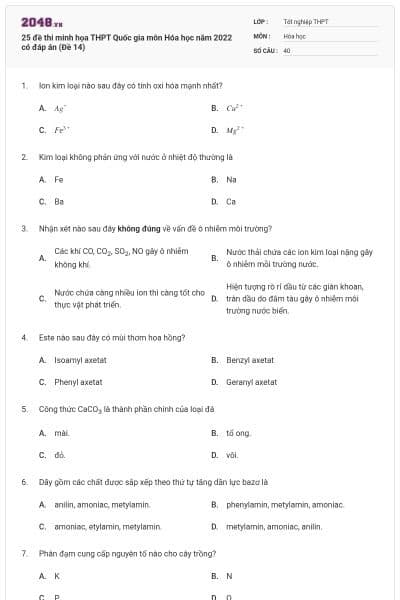 25 đề thi minh họa THPT Quốc gia môn Hóa học năm 2022 có đáp án (Đề 14)