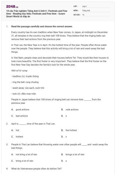 10 câu Trắc nghiệm Tiếng Anh 6 Unit 4 : Festivals and Free time - Reading đọc hiểu: Festivals and Free time - iLearn Smart World có đáp án