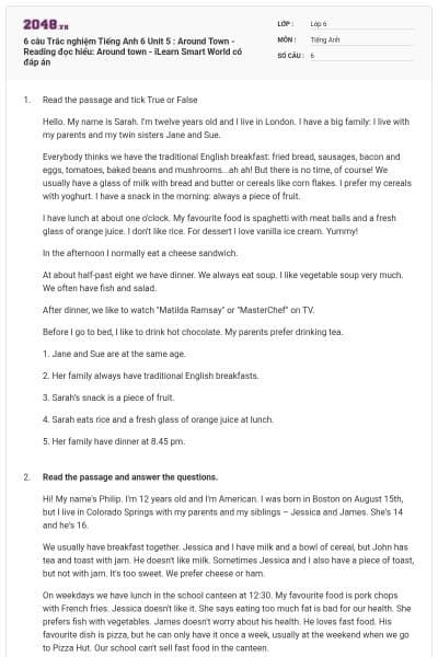 6 câu Trắc nghiệm Tiếng Anh 6 Unit 5 : Around Town - Reading đọc hiểu: Around town - iLearn Smart World có đáp án