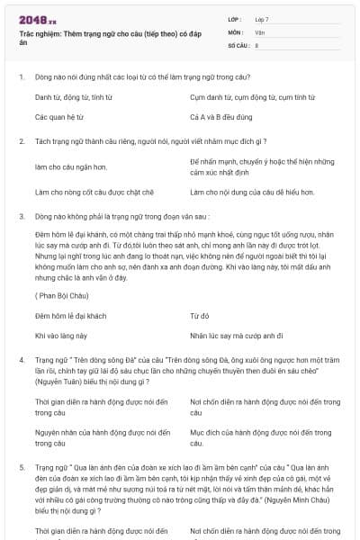 Trắc nghiệm: Thêm trạng ngữ cho câu (tiếp theo) có đáp án