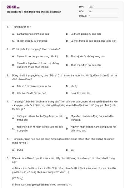 Trắc nghiệm: Thêm trạng ngữ cho câu có đáp án