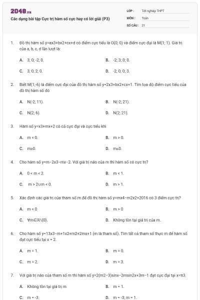 Các dạng bài tập Cực trị hàm số cực hay có lời giải (P3)