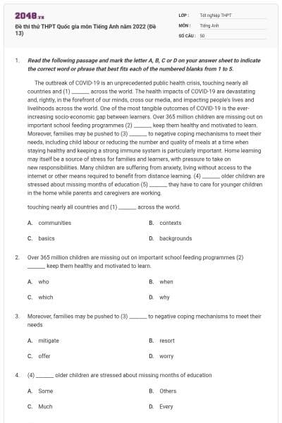Đề thi thử THPT Quốc gia môn Tiếng Anh năm 2022 (Đề 13)