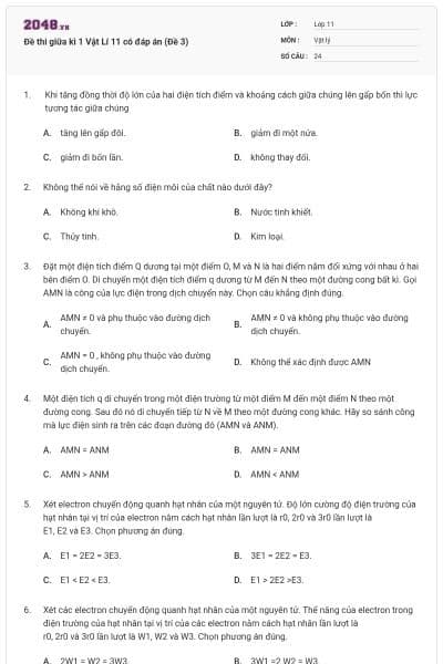 Đề thi giữa kì 1 Vật Lí 11 có đáp án (Đề 3)