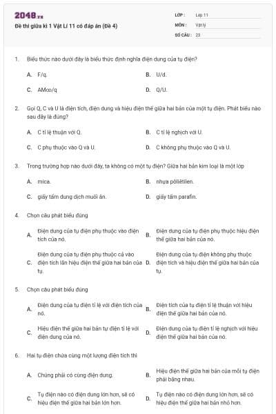 Đề thi giữa kì 1 Vật Lí 11 có đáp án (Đề 4)