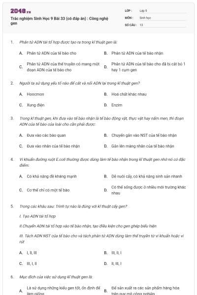 Trắc nghiệm Sinh Học 9 Bài 33 (có đáp án) : Công nghệ gen