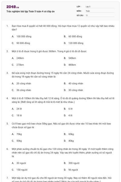 Trắc nghiệm bài tập Toán 5 tuần 4 có đáp án