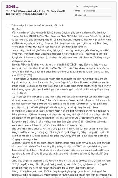 Top 5 đề thi Đánh giá năng lực trường ĐH Bách khoa Hà Nội năm 2023 - 2024 có đáp án (Đề 1)