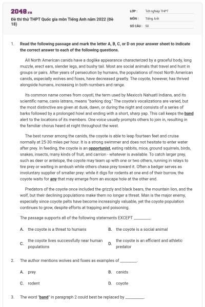 Đề thi thử THPT Quốc gia môn Tiếng Anh năm 2022 (Đề 18)