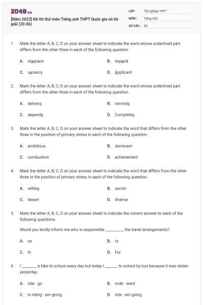 [Năm 2022] Đề thi thử môn Tiếng anh THPT Quốc gia có lời giải (20 đề)